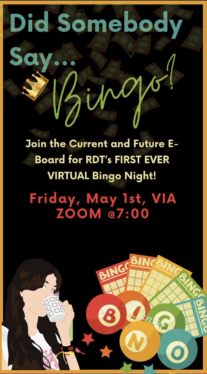 SalemStateRDT's tweet image. Did Somebody Call Bingo? I THINK SO!! Join RDT for their FIRST EVER bingo night!! WHEN: Friday, May 1st,2020 @ 7:00 VIA ZOOM! Please comment your emails on the Instagram post or Instagram story! we hope to see you all there!!🥺✨
