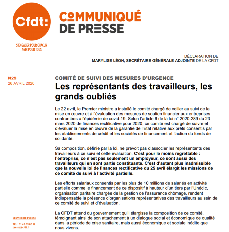 CFDT's tweet photo. || COMMUNIQUE DE PRESSE || La @CFDT attend du @gouvernementFR qu’il élargisse la composition du comité de suivi (chargé de la mise en œuvre et de l'évaluation des mesures de soutien financier aux entreprises) aux organisations représentatives 

https://t.co/kJcLfXMZdI https://t.co/6p00zhQF0Y