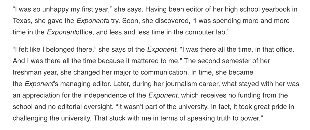 And the great  @gingerthomp1 found journalism through her student paper. So much of what she says here resonates with me: https://www.purduealumnus.org/alumni/speaking-truth-to-power/