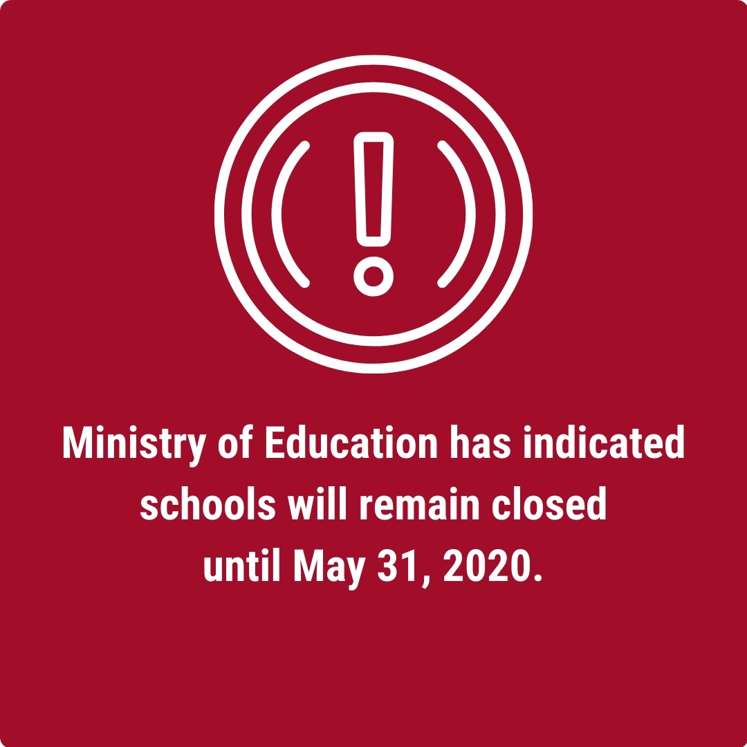 Minister of Education has just announced via news release that school closures due to #COVID19 pandemic will extend until May 31, 2020. School boards have received no information at this time. Thank you for your patience.