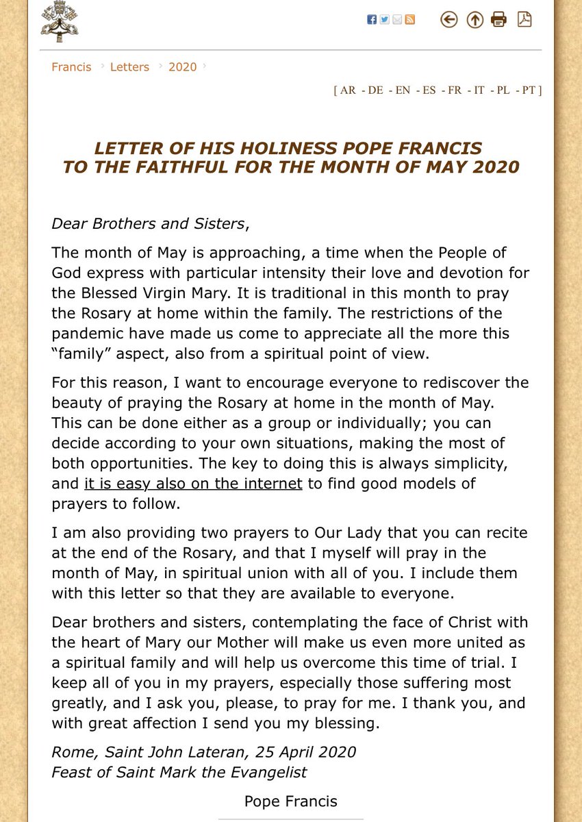 Pope Francis  @Pontifex asks us to  #PrayTogether each day w/ him in May #Rosary to ask Mary, our Blessed Mothe for unity & to intercede to Jesus for us & the sufferings of the  #coronavirus  #Covid_19He has two special  #prayers (which are in this thread)  #Catholic  #CatholicChurch