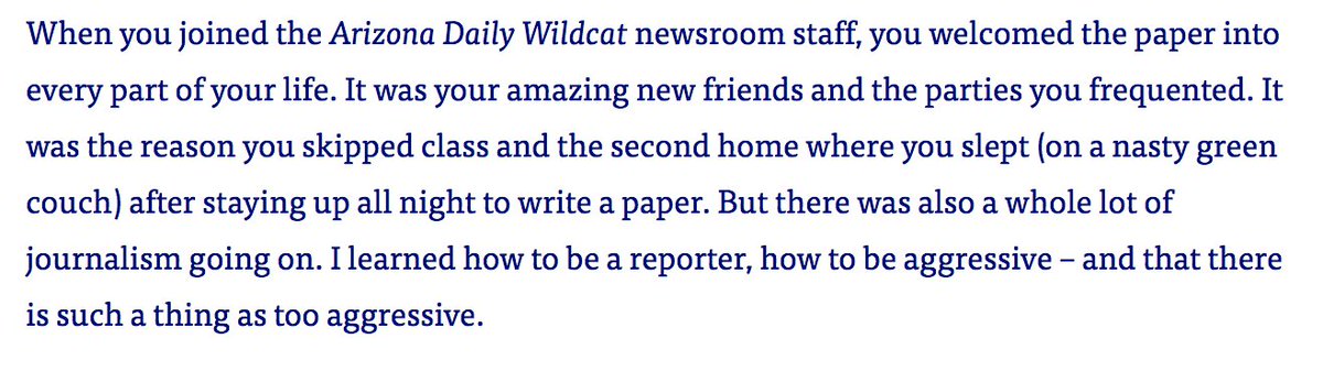 And  @ryangabrielson worked at my student newspaper,  @dailywildcat. One of his articles was framed above my desk at the paper. I wasn’t taking journalism classes, but I read Ryan’s work. Eventually I sent him an email and found a mentor and a friend.  https://dailywildcatalumni.org/hall-of-fame/wildcat-alumni-shine-in-new-hall-of-fame-class/ryan-gabrielson/