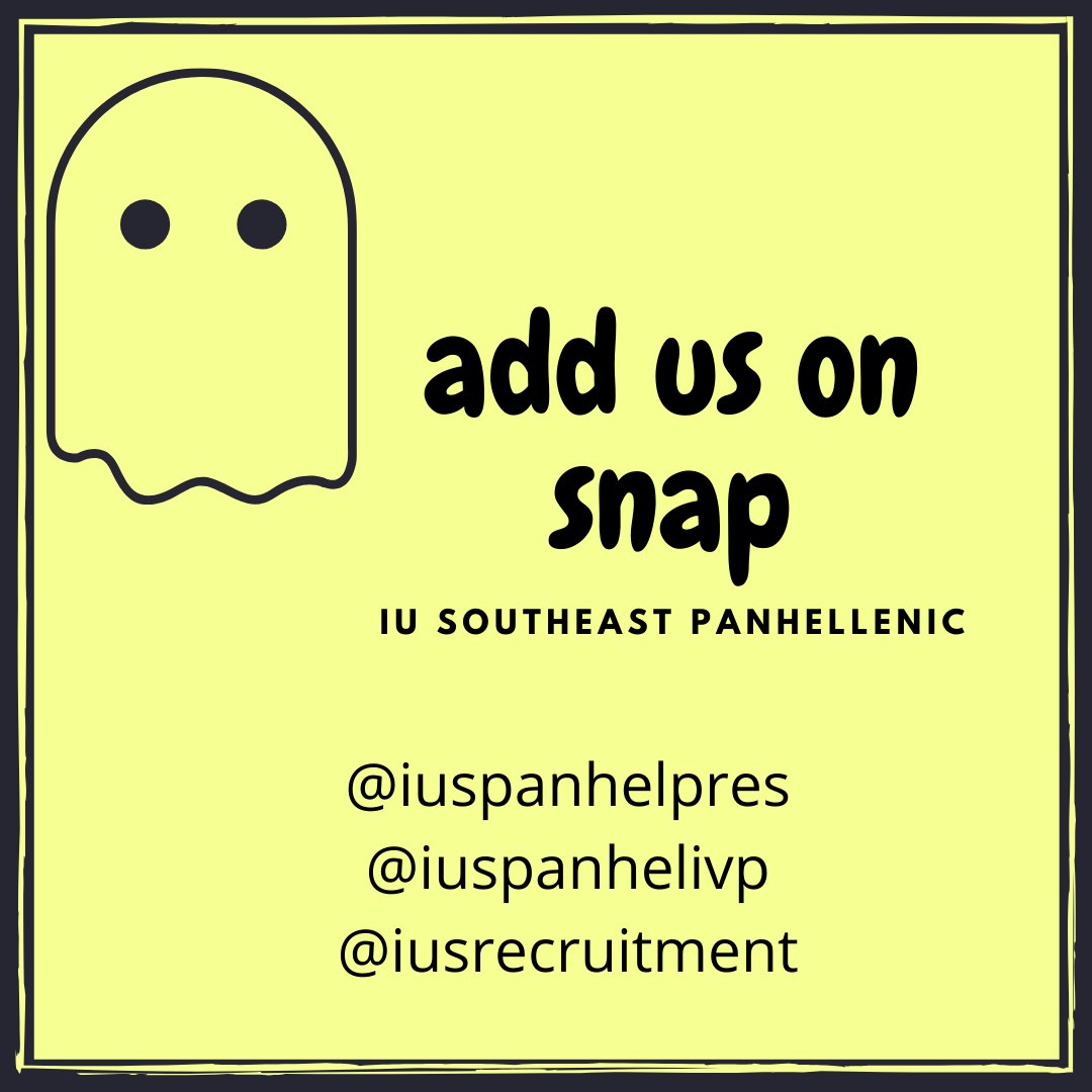 👻 HEY SNAPCHATERS 👻
.
IU Southeast Panhellenic is now on snapchat! Add your President, Internal Vice President, and External Vice President to see what we’ve been up to!
.
President-@iuspanhelpres
Internal Vice President- @iuspanhelivp
External Vice President- @iusrecruitment
