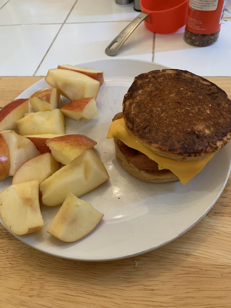 Bacon egg and cheese sandwich on McGriddle-inspired buns—I put syrup in them while they were cooking!