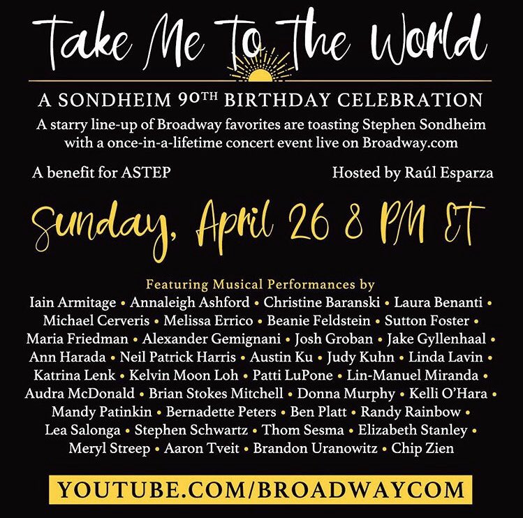 Tonight, tonight 🎶
.
Tonight is the night! Take Me To The World: A Sondheim 90th Birthday Celebration to Benefit ASTEP is a few hours away! Tune into <a href="/broadwaycom/">broadway.com</a> at 8pm to see a star-studded lineup of performances celebrating the legendary Stephen Sondheim!

#Sondheim90Concert