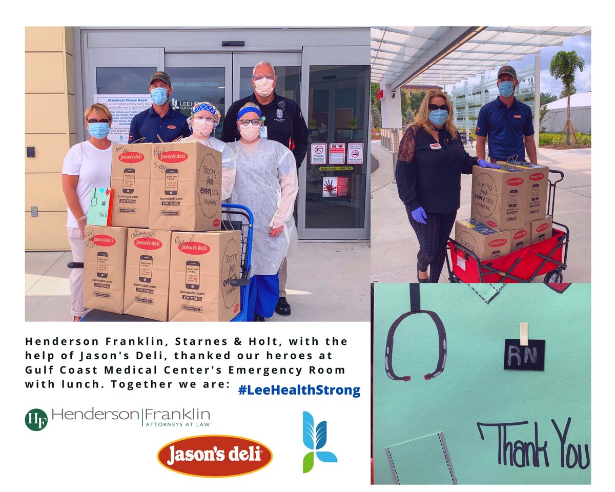 LeeHealthFdn's tweet photo. We want to say thank you to @HenlawSWFL & @jasonsdeli for providing lunch recently for the Gulf Coast Medical Center emergency department. Your thoughtful gift brought smiles to the hardworking healthcare heroes on the front lines. #SWFLtogether #LeeHealthStrong https://t.co/9xpLRGPnuv