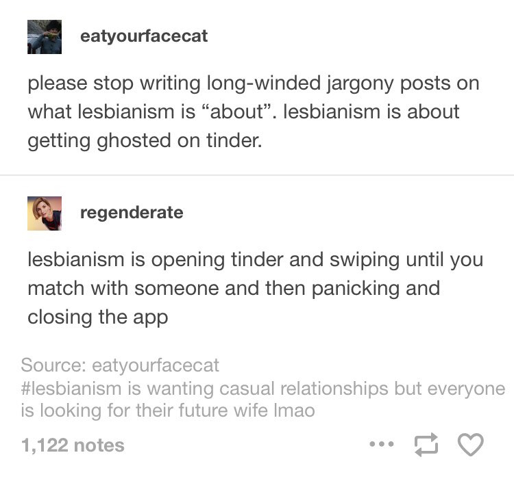 I have a bunch of these saved to my photos so I thought I'd share them for lesbian visibility day lolfeel free to add other funny lesbian/sapphic content in the replies !