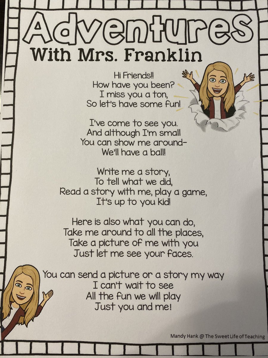 Rfranklinfirst's tweet photo. Missing my students so much, I’ve decided to mail myself to them!! 😂 I can’t wait for my students to receive these and I hope they choose to take “Flat Mrs. Franklin” on an adventure! @MilamBengals #ichoosemilam @WFISDschools https://t.co/3AGlbDxg9A