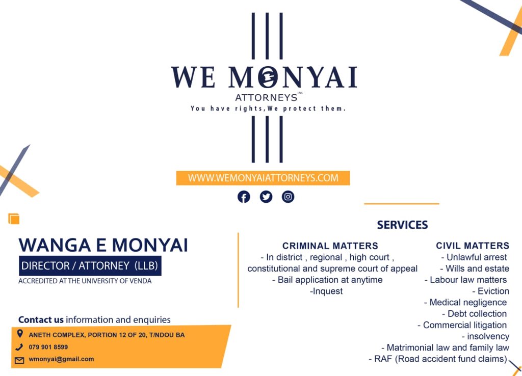 MonyaiW's tweet photo. Hi, kindly help to retweet if this comes to your TL.
This my new law firm that I am hoping to make a living out of it. I am based currently at Thohoyandou, Limpopo province. https://t.co/oNS8a64Xev