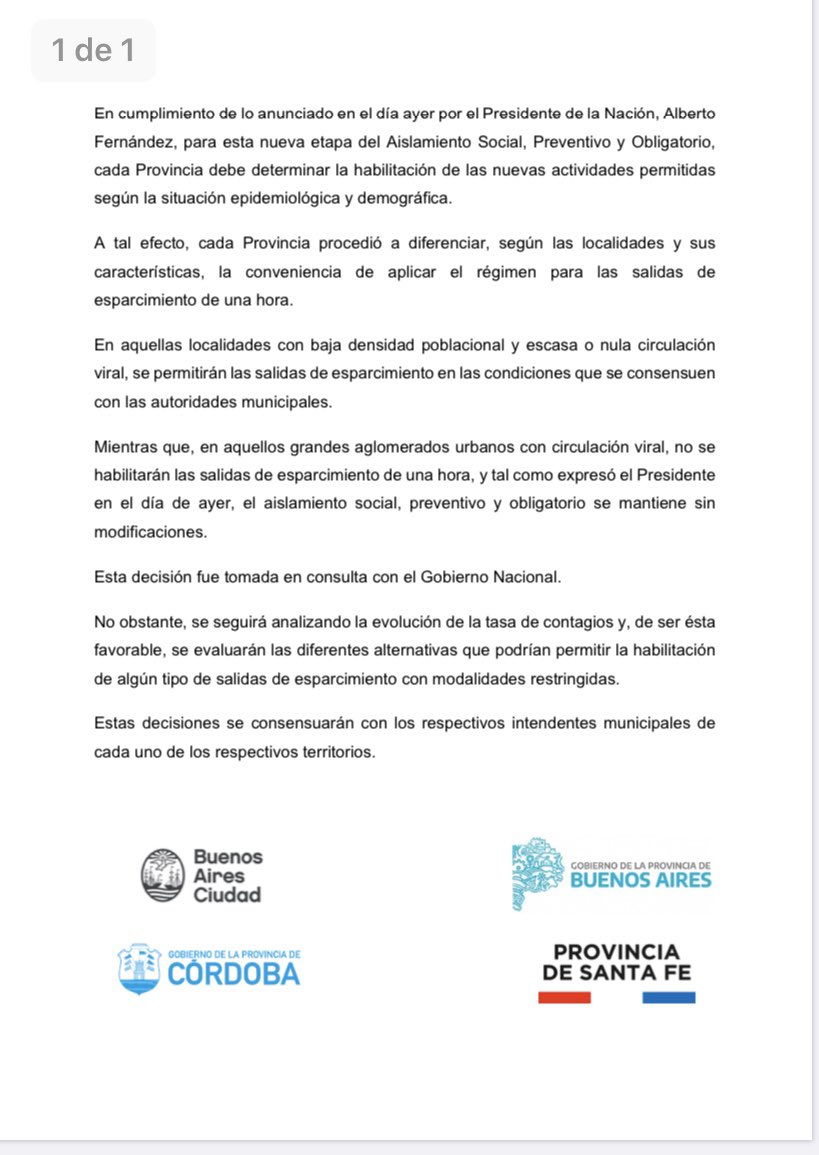 #AHORA | NO HABRÁ salidas transitorias en Ciudad de Buenos Aires, Provincia de Buenos Aires, Santa Fe y Córdoba. Las 4 realizaron un documento conjunto en el cual rechazan esa posibilidad. "El aislamiento social, preventino y obligatorio se mantiene sin modificaciones", indicaron