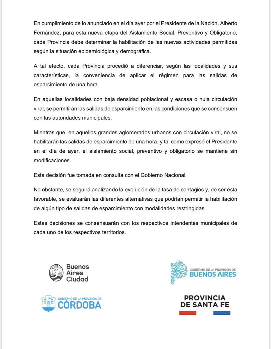 luisnovaresio's tweet photo. Atentos.  Caba, Santa Fe, Buenos Aires y cordoba NO habilitan salidas de una hora https://t.co/M3GHU6xXKl