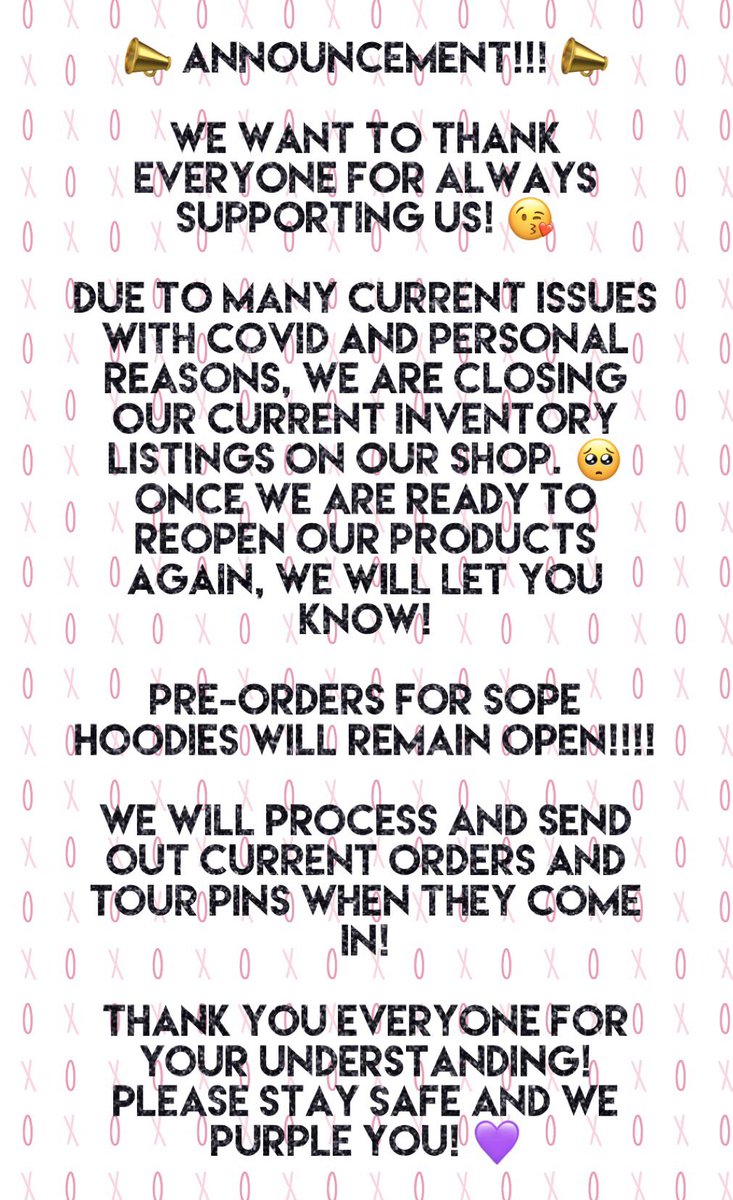 hwagaemarketpin's tweet photo. 📣ANNOUNCEMENT📣
We have decided that our inventory will be closed rn on our shop.Due to many issues w/COVID &personal reasons.We will keep SOPE HOODIES preorder open!We will process&send out current orders.When tour pins come in,they will be processed.TY!💜
#hmpupdates #staysafe https://t.co/tLJEyuo6qO