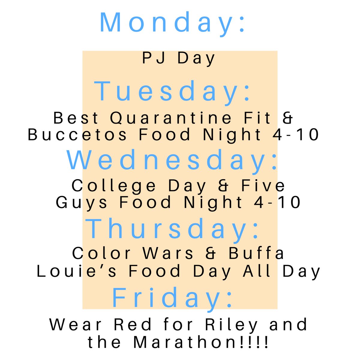 to celebrate the upcoming virtual marathon, next week is spirit week! make sure to dress up &amp; support btown businesses AND dance marathon!! there will be different dine and donates every night of spirit week! 💚❤️💛💙