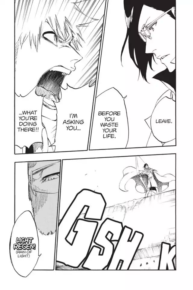 Santen Kesshun/Speed/Reaction:Orihime reacts and throws up Santen Kesshun to block Uryu& #39;s Licht Regen.