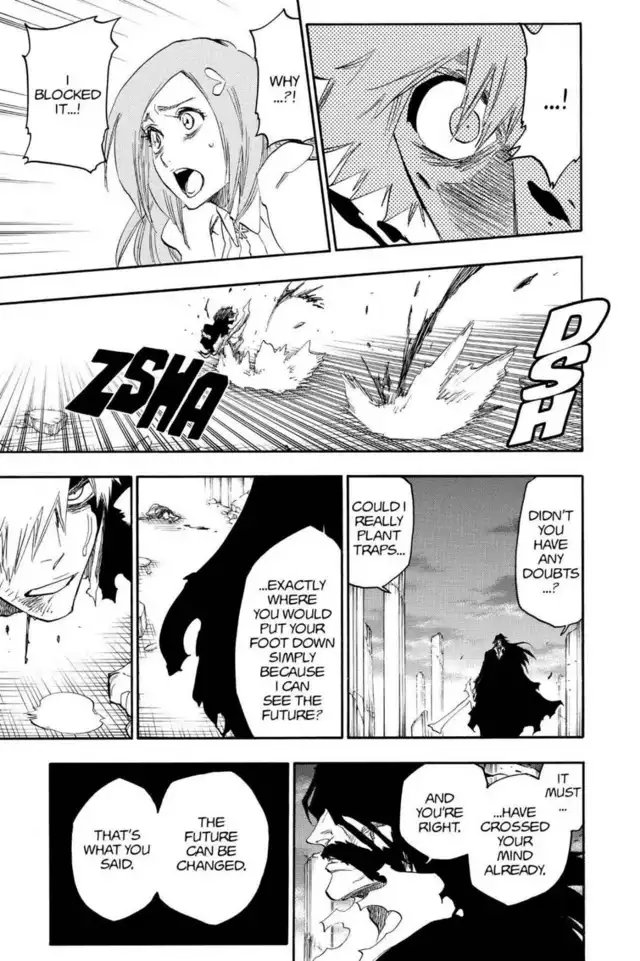 Reacts and throws out a Santen Kesshun and stops a direct blow from Yhwach& #39;s sword despite him overpowering True Shikai Ichigo casually.