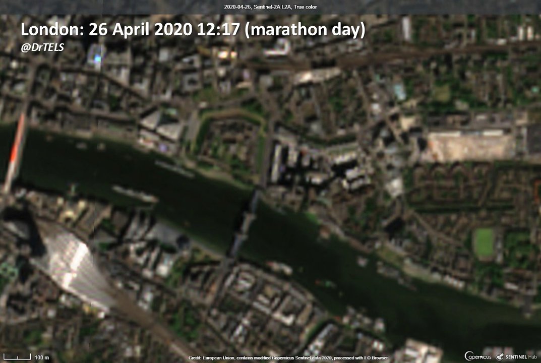 And here are some close-ups of the finishing line on the Mall next to Buckingham Palace, and the Tower of London, where you can clearly see the difference between empty streets yesterday and those filled with runners in 2018. [4/5]