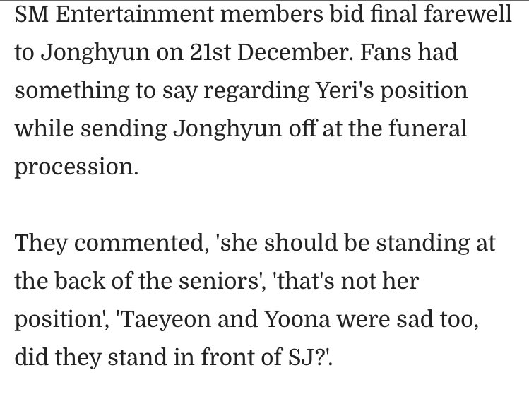 tw / death - grief jonghyun fans this may be triggering be careful while reading.this topic is one of the most disgusting and unfair thing that brought hate to yeri, she was literally bullied for crying at her best friend’s funeral, she was called direspecful + attention seeker