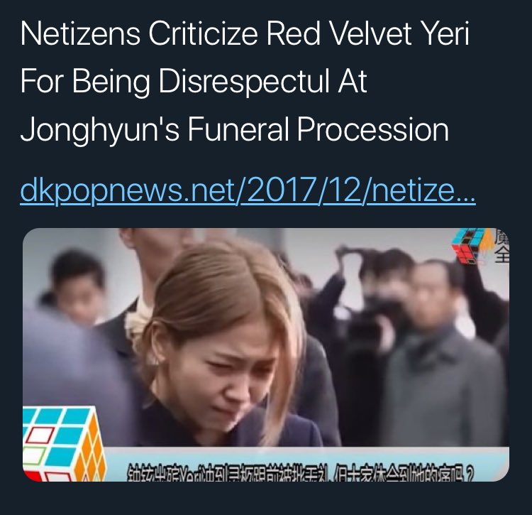 tw / death - grief jonghyun fans this may be triggering be careful while reading.this topic is one of the most disgusting and unfair thing that brought hate to yeri, she was literally bullied for crying at her best friend’s funeral, she was called direspecful + attention seeker