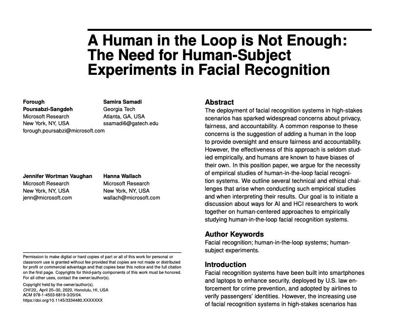 michellercarney's tweet photo. #fairAIchi20 @SamadiSamira @hannawallach @jennwvaughan  and @MSFTResearch team position paper on: "A Human in the Loop is Not Enough: The Need for Human-Subject Experiments in Facial Recognition"

Read it here: https://t.co/zk7qdD0GPq https://t.co/2ZjgQGBgf6