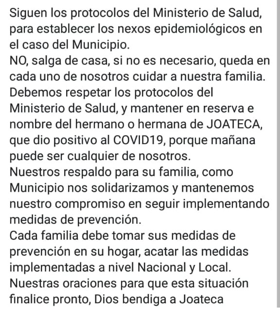 bened_castillo's tweet photo. #Joateca #Morazan Luego de conocerse un caso positivo de @Covid19 la CMDPC de este municipio reafirma el cumplimiento de las medidas para evitar más contagios de la enfermedad, piden a la población @quedarseencasa si no es urgente salir. https://t.co/VnqtonCgrK