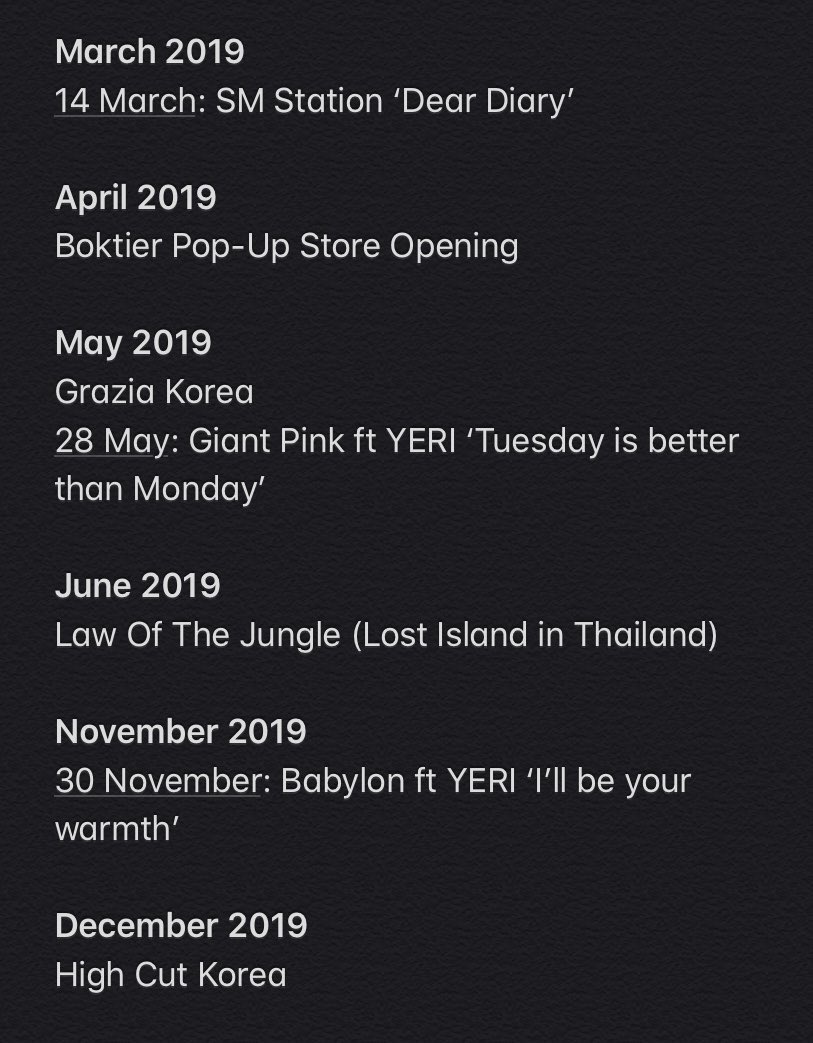 SM GIVING NO JOBS TO YERI SINCE DEBUT (except 2019 bless this year) anyway yeri solo schedule :  (cr to owner!)she had almost NOTHING TO DO until 2018-2019... 3-4 years after debut ? let me laugh