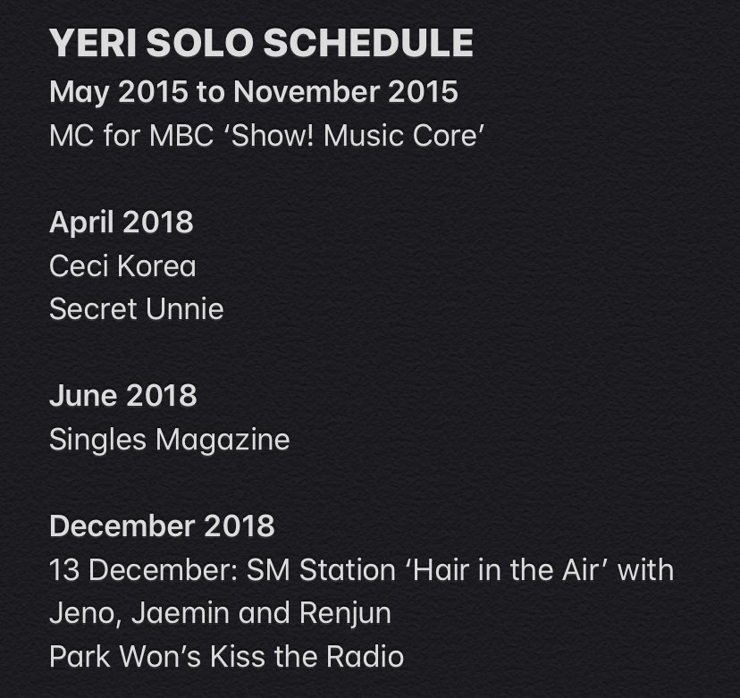 SM GIVING NO JOBS TO YERI SINCE DEBUT (except 2019 bless this year) anyway yeri solo schedule :  (cr to owner!)she had almost NOTHING TO DO until 2018-2019... 3-4 years after debut ? let me laugh