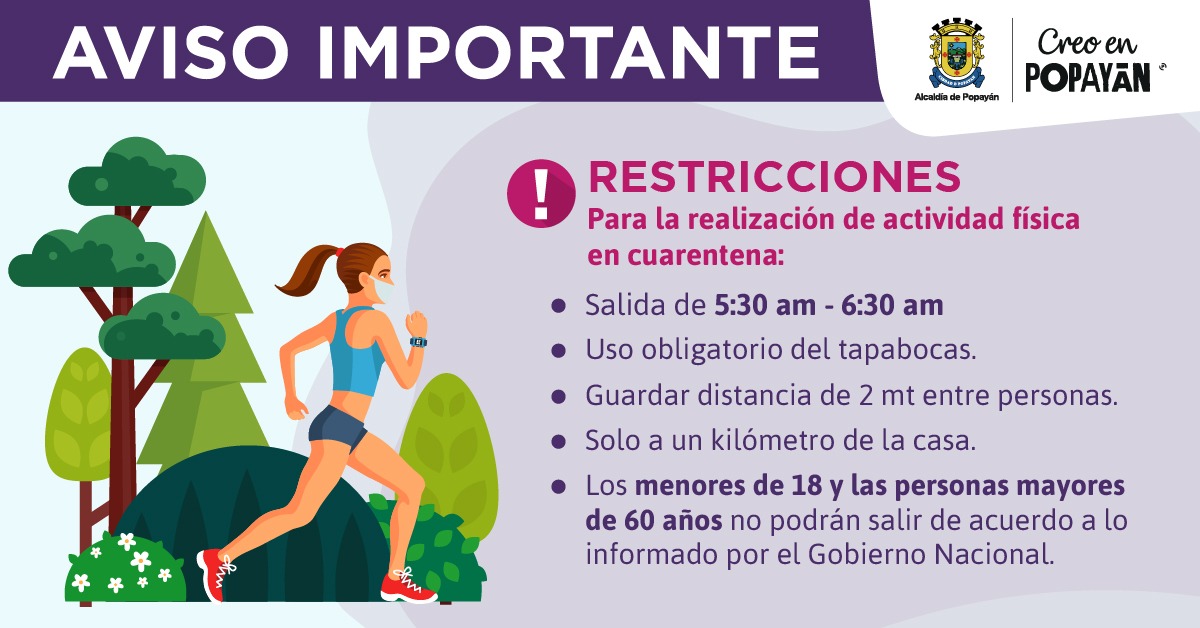 AlcaldiaPopayan's tweet photo. #Atención ⚠️

➡️ Ten presente las rectricciones al momento de realizar actividad física en cuarentena, según las medidas contempladas desde la Alcaldía de Popayán. 

🙋🏻‍♀️🙋🏻‍♂️ ¡Recuerda que estamos cuidando de tu salud y la de los tuyos! https://t.co/dfiCqvgXkz