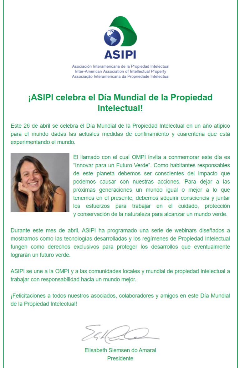ASIPI_'s tweet photo. Mensaje de nuestra presidente Elisabeth Siemsen en el Día Mundial de la Propiedad Intelectual. #InnovateforagreenFuture #WorldIPDay2020 @WIPO https://t.co/SLLiJ3xuEE