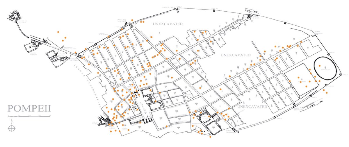 During WW2 Pompeii was, most likely unintentionally, bombed heavily by the Allies during 1943 air raids. Each of the orange stars represents a known bomb.Author’s own after Garcia y Garcia 2006.  #cartography for  @_MiBACT  #viaggioinitalia