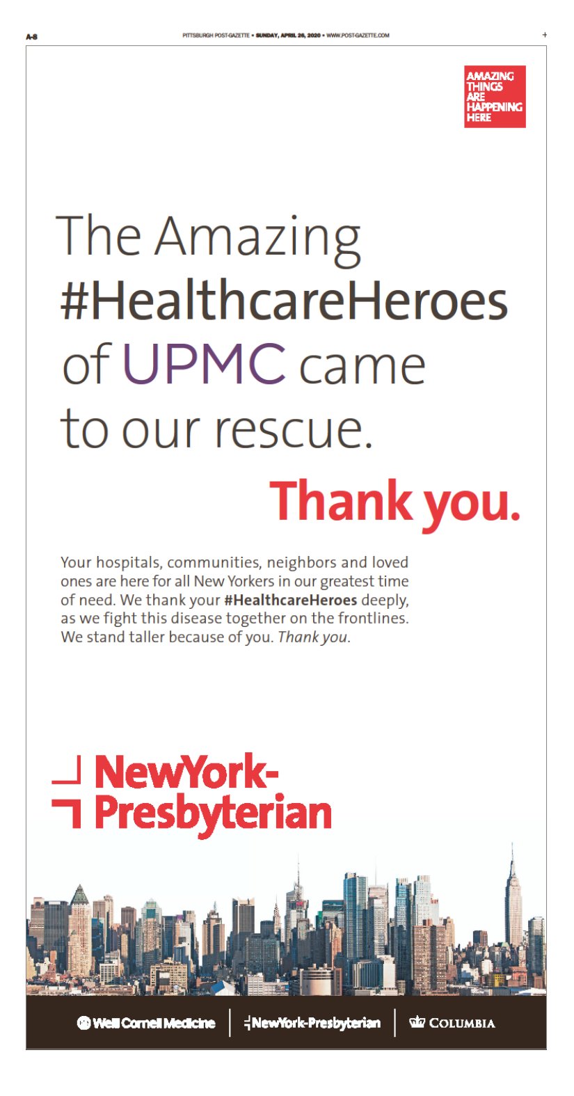 Upmc On Twitter Thank You To Nyphospital For This Unexpected And Uplifting Message In Today S Pittsburghpg It Was An Honor Working With Your Healthcarehereos To Care For New Yorkers During Covid19 We