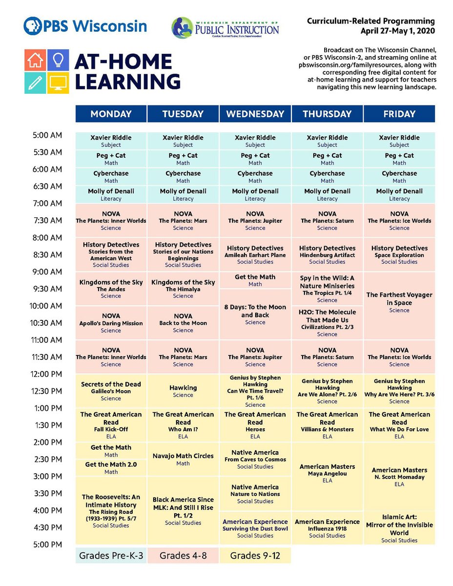 PBSWI's tweet photo. At-Home Learning on PBS Wisconsin's The Wisconsin Channel continues! Here is the schedule for next week's 5 a.m.-5 p.m. daytime weekday broadcast schedule. The schedule is also available to stream online at https://t.co/fikiY0ZIV9. Thanks to our partners: @WisconsinDPI @MilwPBS! https://t.co/JkE6UO4fjo