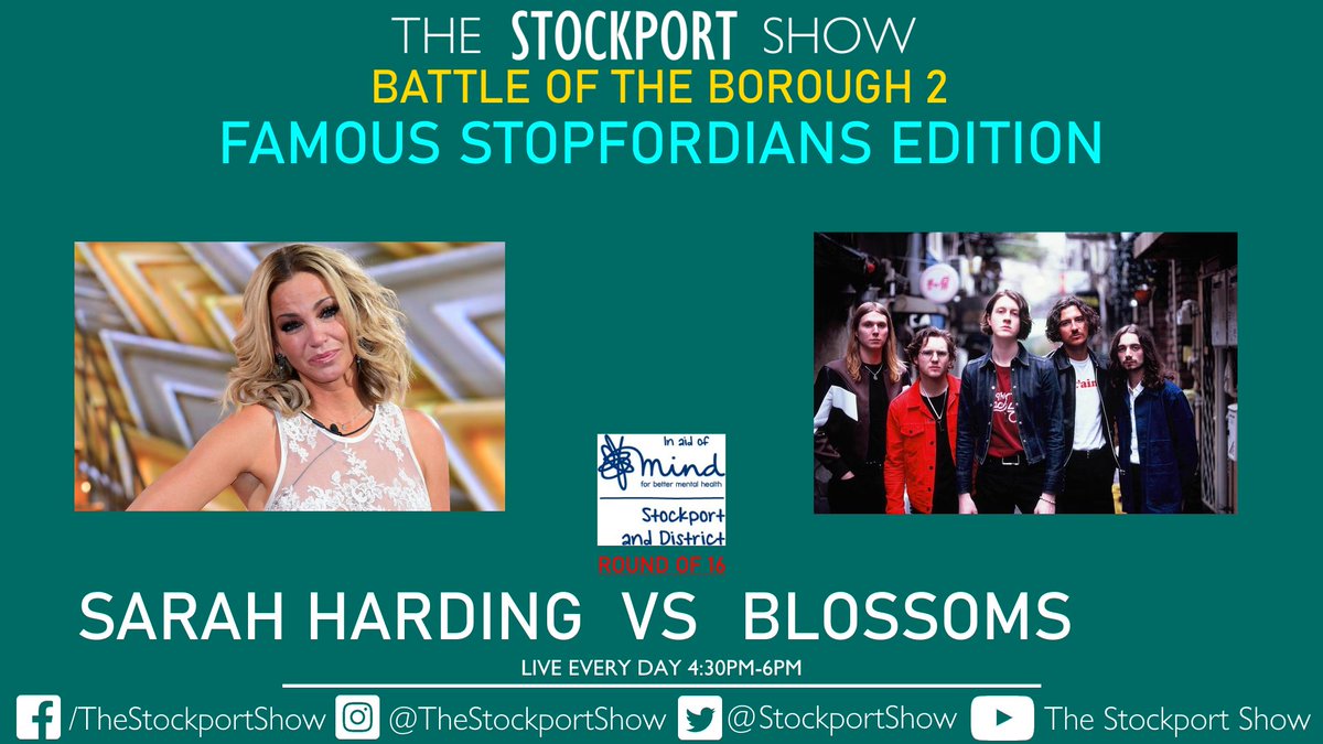 ✅VOTING NOW OPEN✅

🏆The Battle of #Stockport Borough 2🏆
🎩Famous Stopfordians Edition🎩
Rd of 16 - Match 5

<a href="/SarahNHarding/">Sarah Harding</a> vs <a href="/BlossomsBand/">BLOSSOMS</a> 

VOTE
Twitter - x.com/StockportShow/…
Facebook - facebook.com/TheStockportSh…

In aid of <a href="/stockportmind/">Stockport Mind</a> - DONATE
justgiving.com/fundraising/ba…
