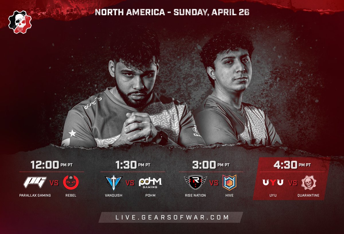 LIVE NOW: North American Pro League Live - Week 6

<a href="/Parallax_gg/">Parallax Gaming</a> vs. @Rebel_GN 
<a href="/vQGaming/">VanQuish</a> vs. <a href="/PDHM_Gaming/">PDHM Gaming ™</a> 
<a href="/TheRiseNation/">Rise</a> vs. <a href="/Hive_gg/">Hive 🐝</a>
<a href="/UYU/">UYU</a> vs. Quarantine

Catch the action at live.gearsofwar.com to earn the Overture Torque Bow, Hammerburst &amp; Breaker Mace!