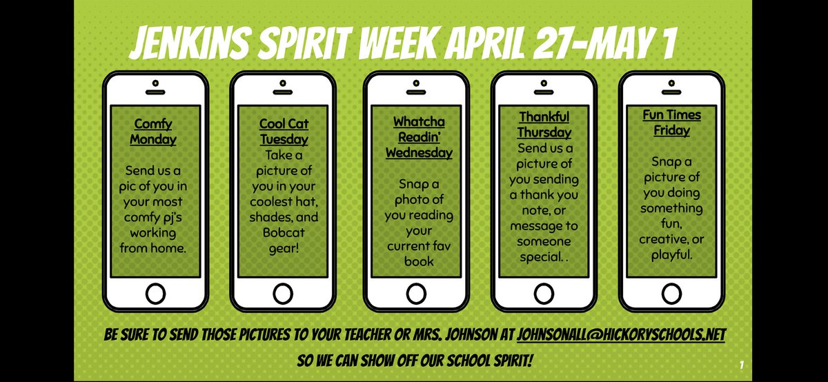 AllCJohnson's tweet photo. Get ready @jenkinsbobcats1 for our next #virtualspiritweek! Show that Bobcat pride! Don’t forget that you can earn #housepoints for participating. Just send in those pics! #inthistogether #schoolpride #hickoryschools #MovingForwardWithWhy #stayingconnected https://t.co/TgYJ0HgKcR