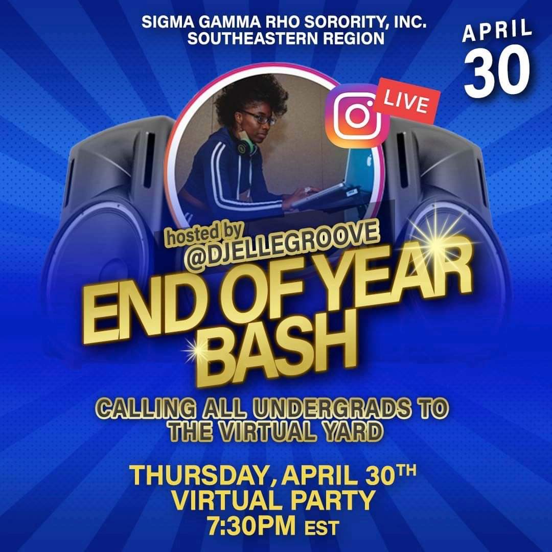 SEREGIONSGRHO's tweet photo. Calling all Undergrads to the Virtual Yard!!!

End of Year IG Live Party
Featuring DJ Elle Groove
Thursday, April 30th @ 7:30 p.m. EST

Watch on IG @DJELLEGROOVE

#SERegionSGRho #EndOfYearBash #JoinUsLive https://t.co/wnL7Op8sTY