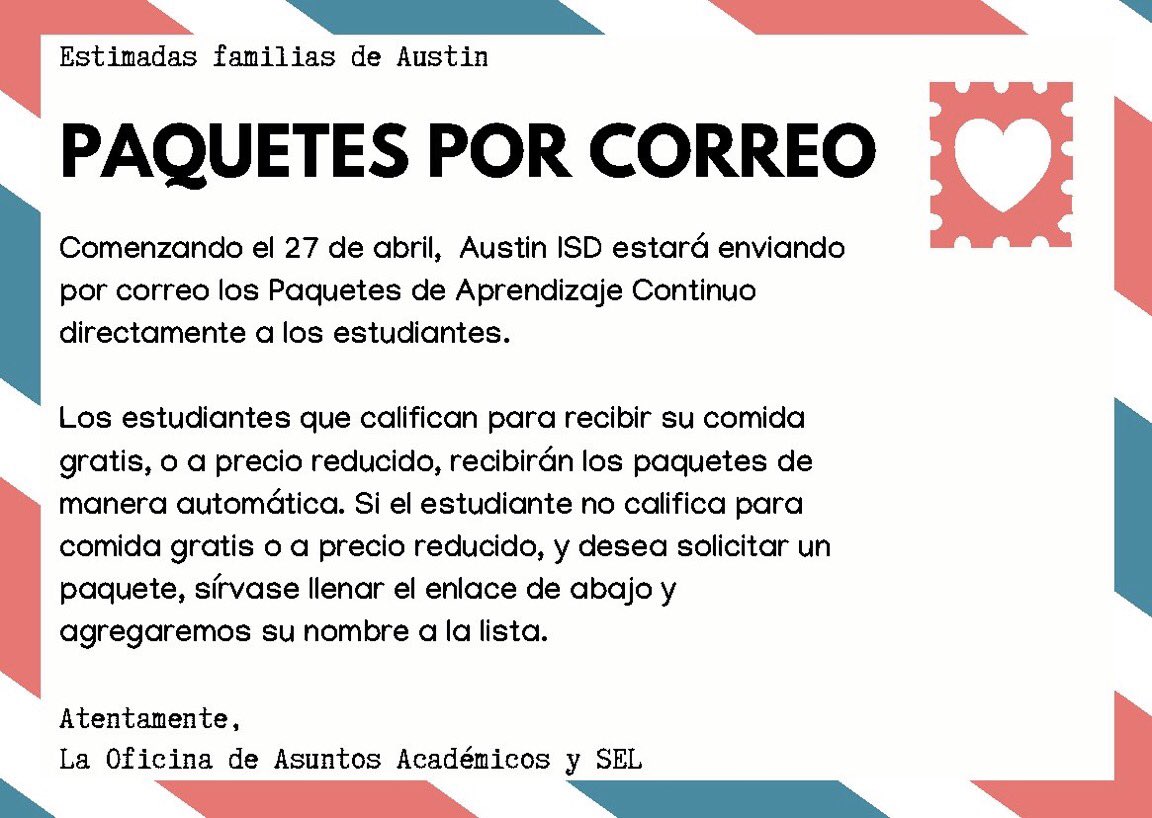 aisdparents's tweet photo. Announcement: You got mail-Continuous Learning Packets. 

Visit: https://t.co/0pMKedzqgY to request a packet. 

Anuncio: Tienes correo. Paquetes de Aprendizaje Continuo.

Haga clic en el siguiente enlace si desea solicitar un paquete.
https://t.co/0pMKedzqgY https://t.co/LUCNN5QcRt