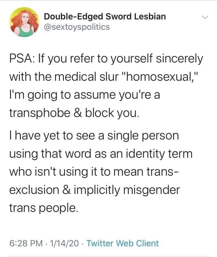 In making this shift, “LGBT” orgs placed at the forefront of our community a grp whose core ideology is homophobic & misogynistic, and whose ranks are teeming with str8 men who boldly assert that homosexuality--exclusive *same-sex* attraction--is itself “transphobic.” 3/6