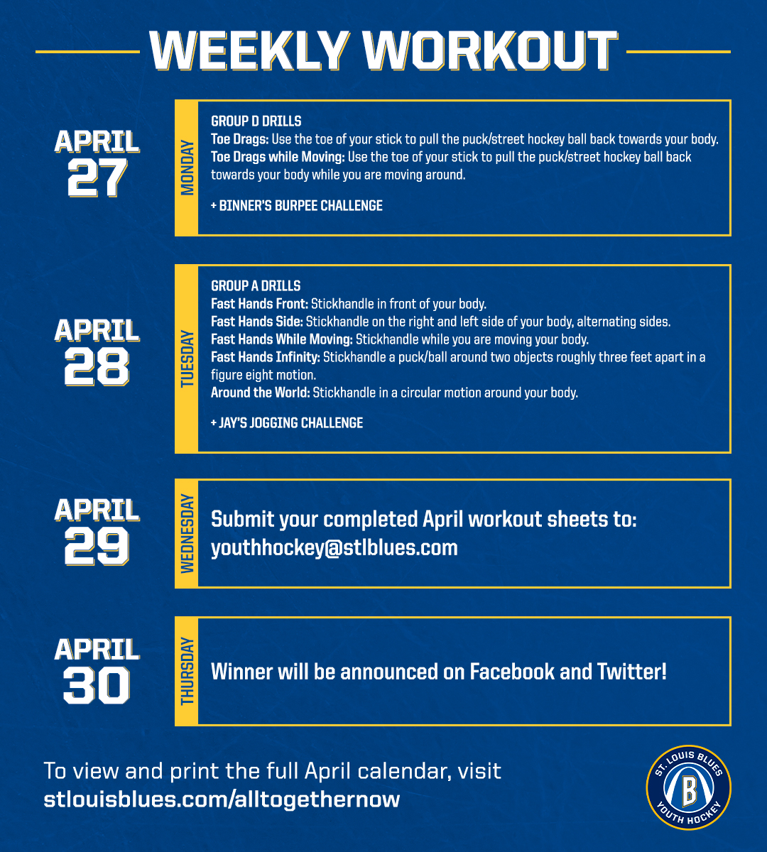 Time for the final week of the #HockeyNeverStops challenge! Finish strong and don't forget to submit your completed forms to youthhockey@stlblues.com on Wednesday! https://t.co/HhjBrI32y8