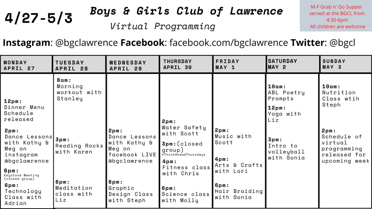 BGCL's tweet image. Here is our schedule for another fun filled week of virtual programming! #virtualprogramming #changingkidslives #bgcl