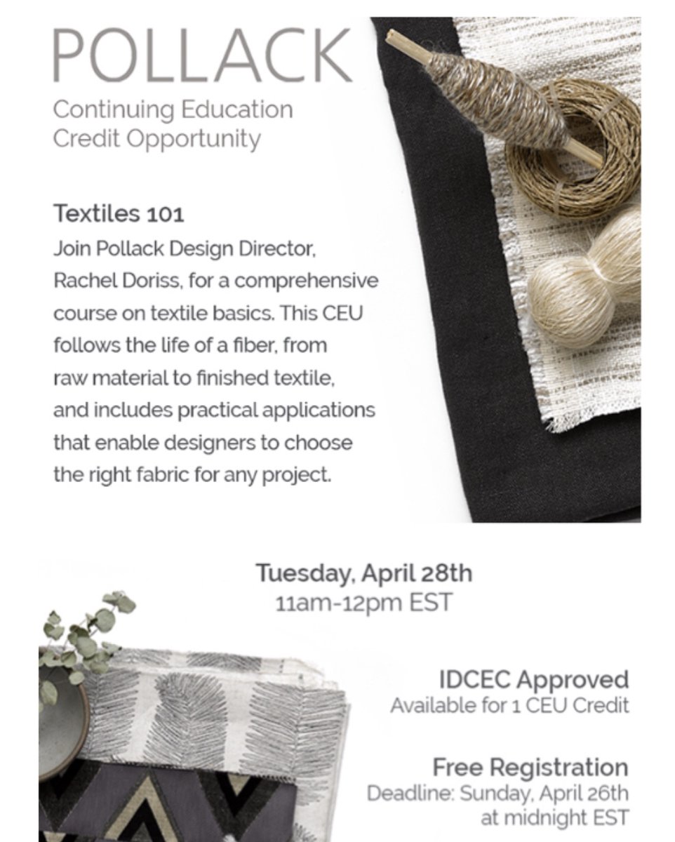 ASIDNYUCE's tweet photo. Pollac Fabric is offering a comprehensive course on textile basics: “Textiles 101” this Tuesday from 11-12pm. Register today by midnight to reserve your spot!
#ceu #textiles #interiordesign #stayhome 
https://t.co/UygLuBFsXy https://t.co/lZxvmcUwk7