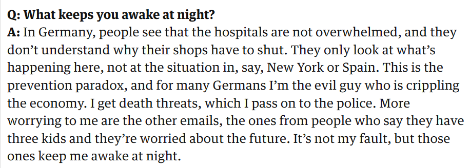 Q: Angela Merkel has been praised for her leadership during this crisis. What makes her a good leader?A: She’s extremely well-informed. ...she’s a scientist & can handle numbers. But... it mainly comes down to her character -- her thoughtfulness & ability to reassure.