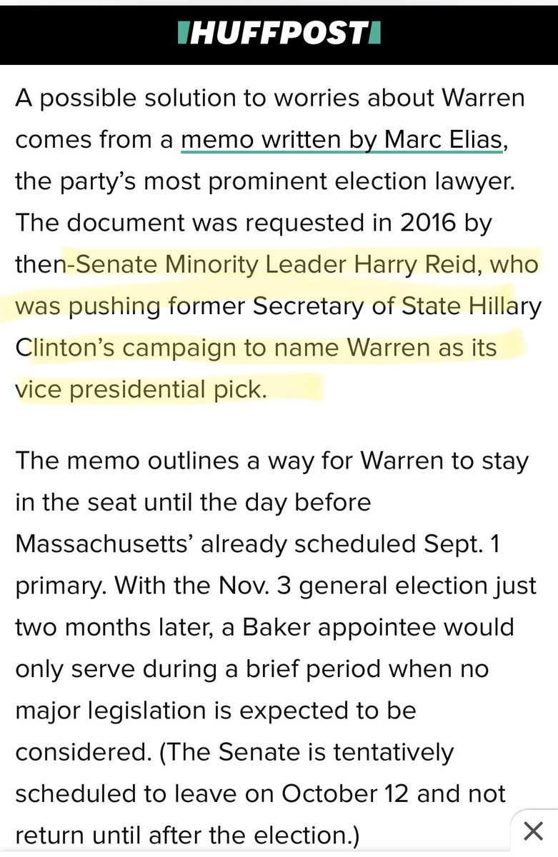 For the record - Democrats should listen to Senator Harry Reid. Reid asked Sec. Clinton to pick Sen. Elizabeth Warren as her VP in 2016. Clinton didn’t. Hope Biden doesn’t make the same mistake again  https://www.huffpost.com/entry/joe-biden-vice-president-senate-majority_n_5ea4988dc5b6d37635909a90