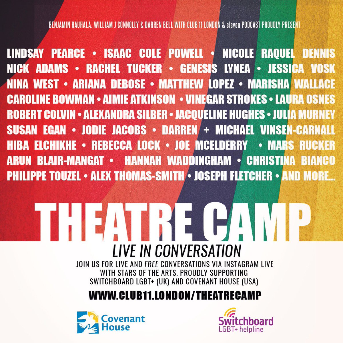 Meet the first cast of #TheatreCampLive 🏳️‍🌈 

<a href="/hanwaddingham/">Hannah Waddingham.</a>, <a href="/XtinaBianco1/">Christina Bianco</a>, <a href="/philtouzel/">Philippe Touzel</a>, <a href="/AlexThomasSmith/">Alex Thomas-Smith</a>, <a href="/josephjfletcher/">JOSEPH FLETCHER</a> + many, many more! 

Full schedule and donations via club11.london/theatrecamp