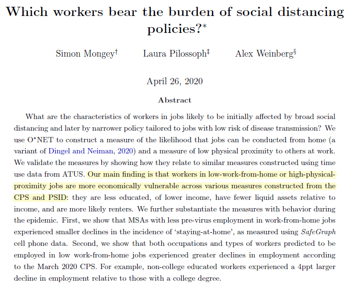 1/n Working paper w  @AlexWeinberg17 and  @pilossopher: Which workers bear the burden of social distancing policies? "Our main finding is that workers in low-work-from-home and high-physical-proximity jobs are more economically vulnerable across various measures".