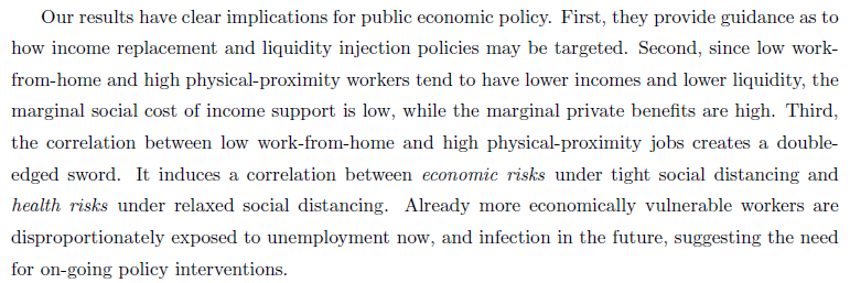 2/n Main takeaways for policy: (i) lots of scope to target, (ii) high bang-for-buck! low bucks (affected are already low income), high bang (affected have lower liquid assets), (iii) double-edged sword: same, poor, people exposed to economic risk now + health risk on opening