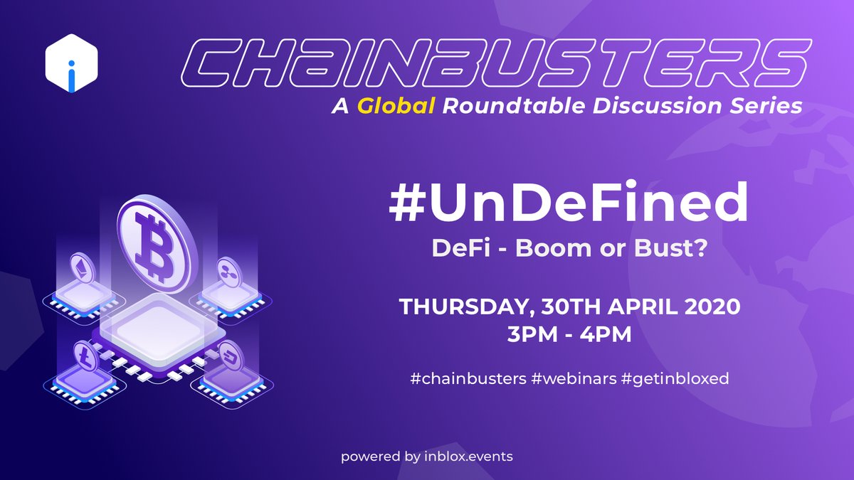InbloxEvents's tweet photo. Day 4 - #UnDeFined - 30th April 2020, 3 PM Onwards

How far are we from reality when it comes to the current state of affairs in the global #decentralized #finance space?

#DeFi - Boom? or Bust? 

An argument worth listening to.  Join in:  https://t.co/x6xKqFFtX5 https://t.co/k9TXkmNbCv