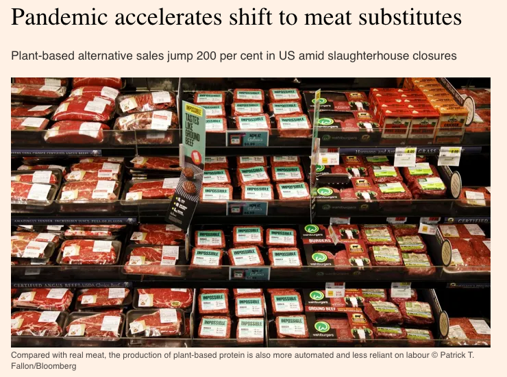 BruceGFriedrich's tweet photo. Tomorrow's @FT: "US sales of plant-based meat substitutes jumped 200 percent in the week ending April 18, compared with the same period last year, and surged by 265 percent over an eight-week period..." Full story: https://t.co/kpArHWjxrl https://t.co/0rC4kR1boy