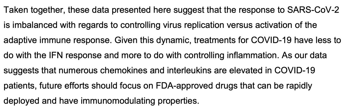 Does this mean that IFN therapy would be useful in boosting the immune response against SARS-CoV-2 early in infection? Maybe. The study concludes that targeting the aberrant chemokines and cytokines may be beneficial.
