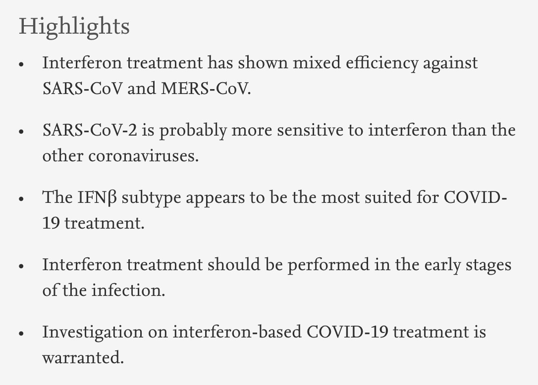 Finally, a recent review provides a more complete picture of IFN therapy in SARS-CoV-2, concluding that clinical trials are warranted. https://doi.org/10.1016/j.antiviral.2020.104791