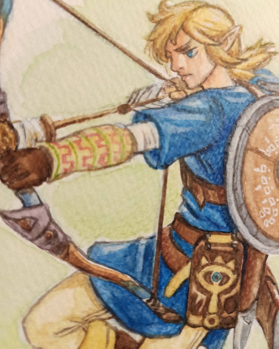 stella_violari's tweet photo. Breath of the Wild Link, done with kuretake watercolours for a livestream on Facebook last night. I was joined but a bunch of other cool artists and was assigned to draw Link
.
#ArtistOnTwitter #BreathoftheWild https://t.co/iTJ35RtGO8
